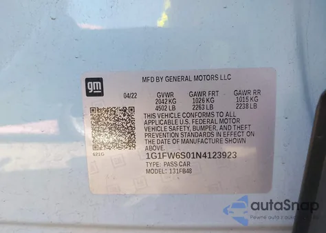 2022 Chevrolet Bolt Ev Fwd 1Lt из США, поврежденный, VIN 1G1FW6S01N4123923